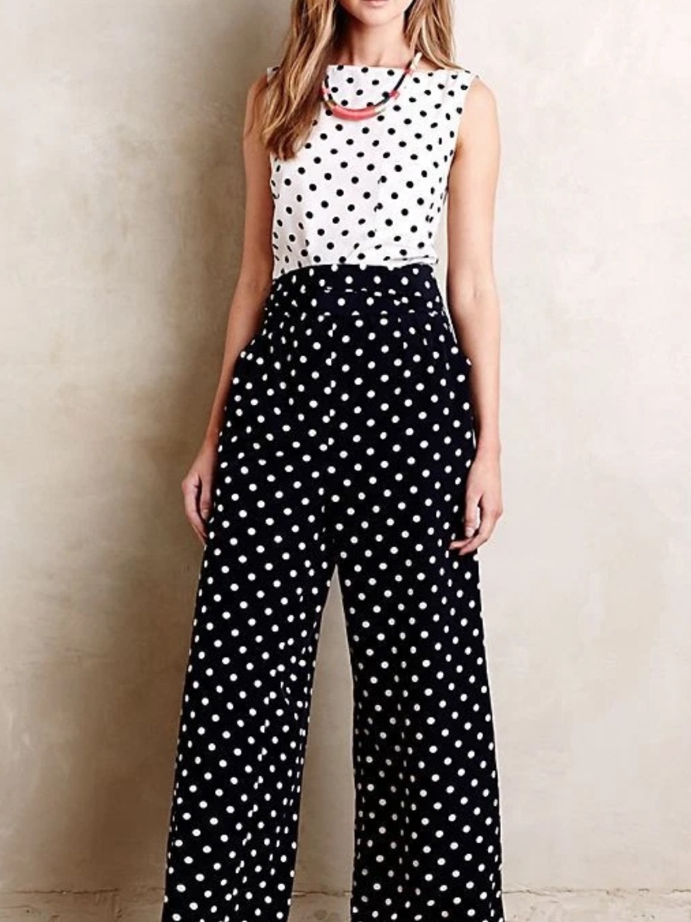 NWT Anthropologie Navy & White Polka Dot Wide-Leg Jumpsuit